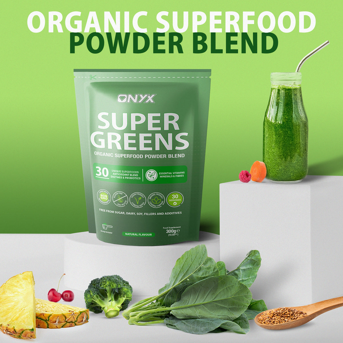 Super Greens Powder 300grams with Vitamins, Minerals & Fibres - Natural, Vegan & Gluten-Free