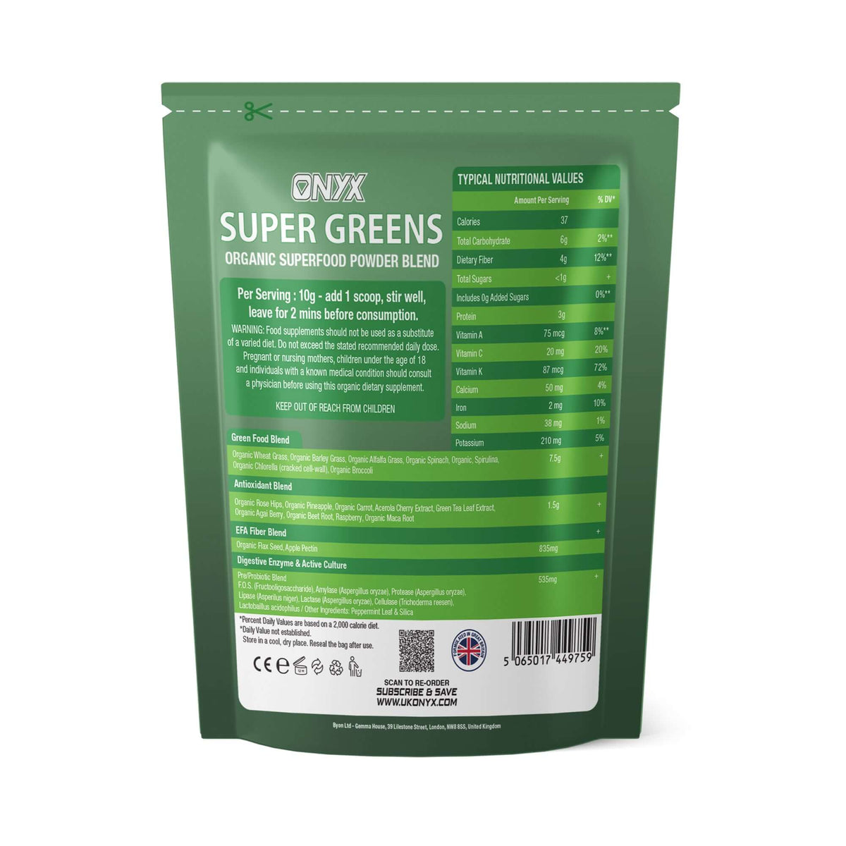 ONYX Super Greens Organic Superfood Powder Blend 30 Natural Ingredients 300 Grams - Back View of Packaging with Nutritional Values